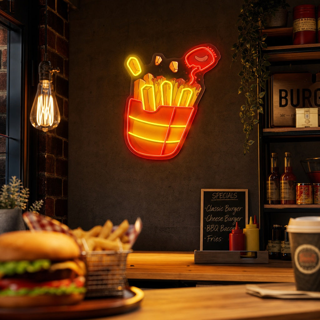"Patatine fritte con salsa di peperoncino, fast food" Insegna al neon a LED stampata con UV