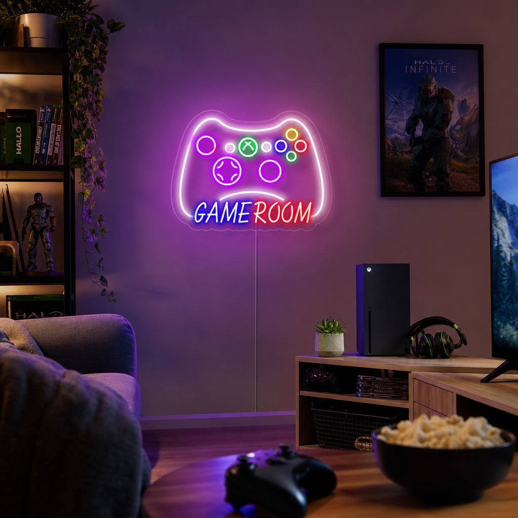 Insegna neon LED con controller da gioco e scritta GAME ROOM