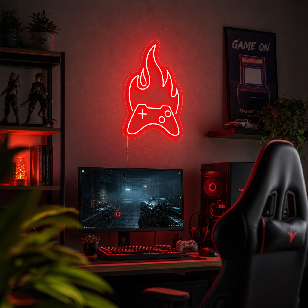 "Gamepad, Fuoco, Decorazioni Per Giocatori" Insegna al neon