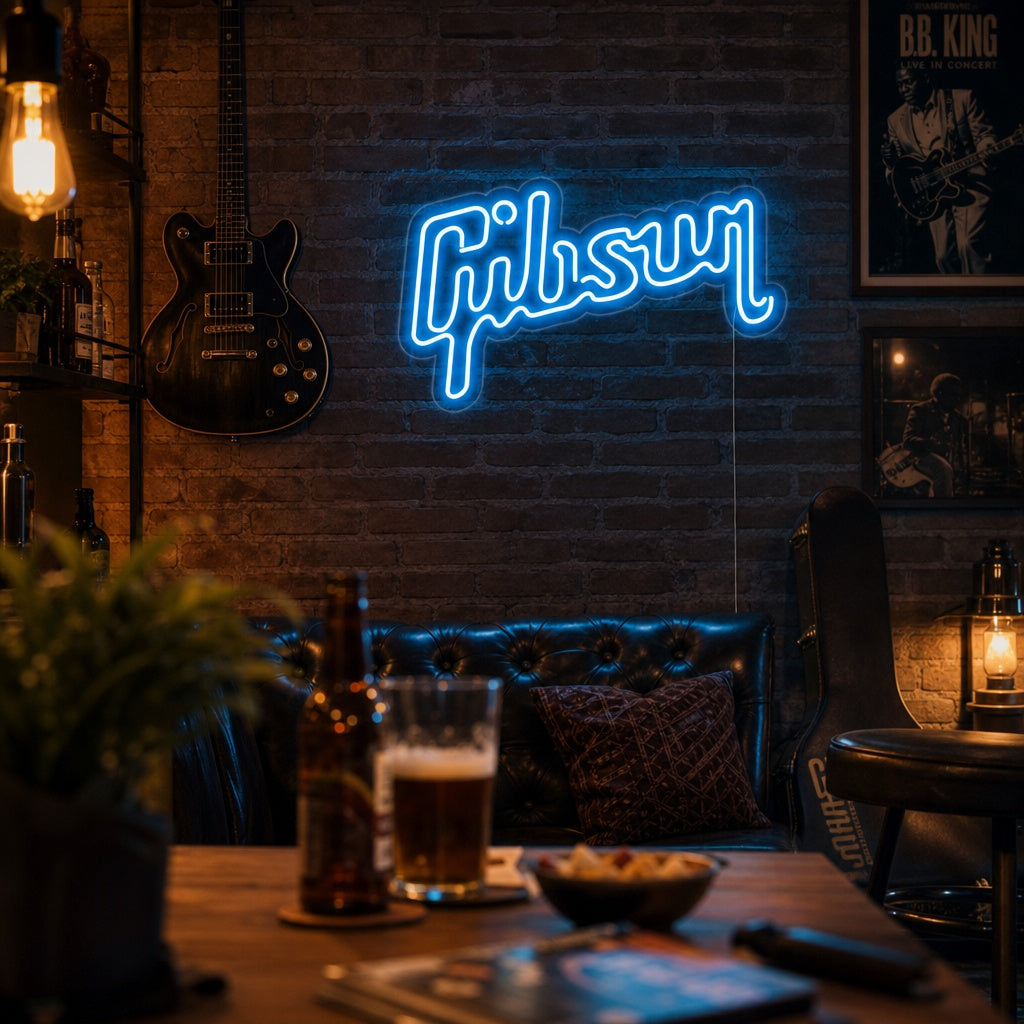 Insegna al neon LED blu con logo Gibson.