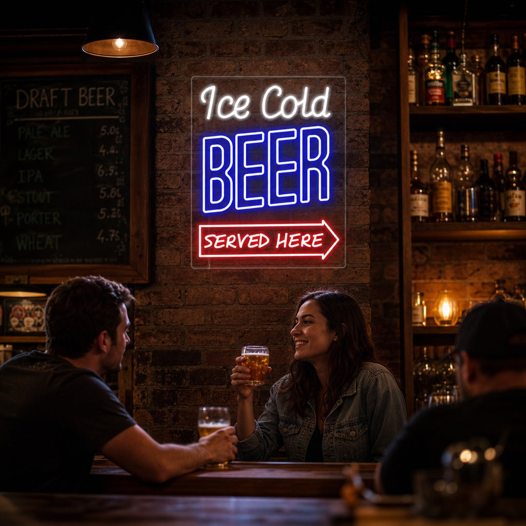 "Ice Cold Beer Served Here Bar" Insegna al neon
