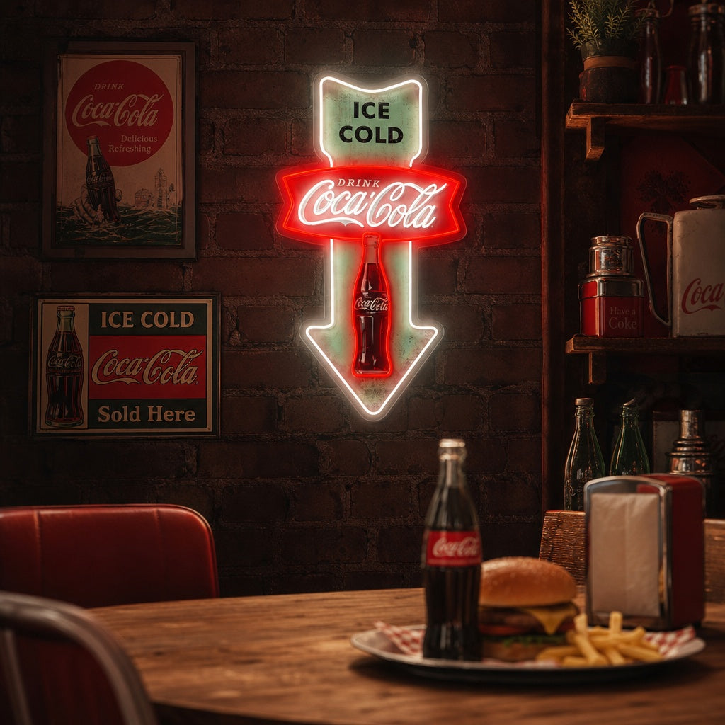 "Ice Cold Coca Cola, freccia vintage" Insegna al neon a LED stampata con UV