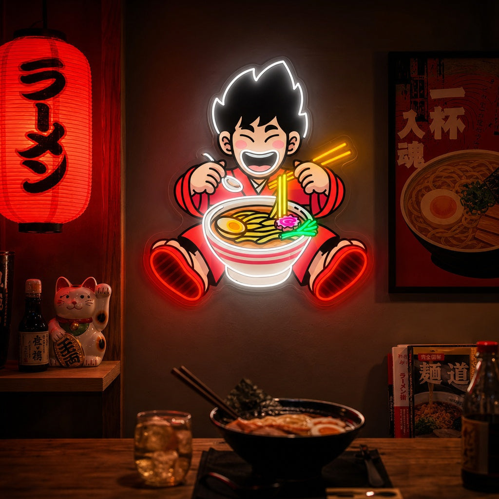 Ragazzo e Ramen Noodle Insegna al neon, Decorazione ristorante giapponese