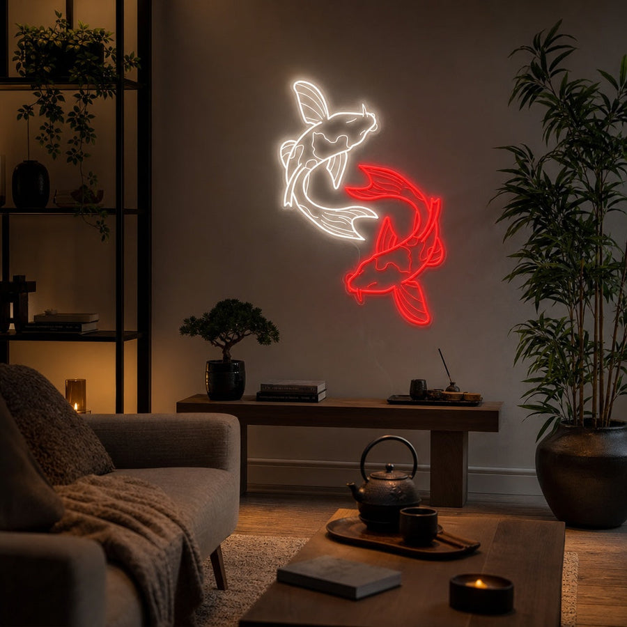 Insegna neon LED con due carpe koi, bianca e rossa