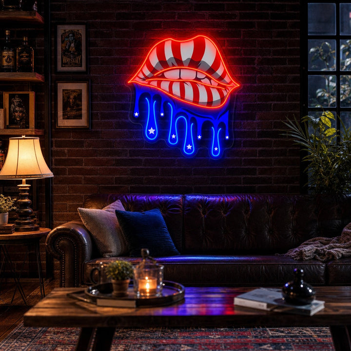 "Labbra con bandiera americana gocciolante" Insegna al neon a LED stampata con UV