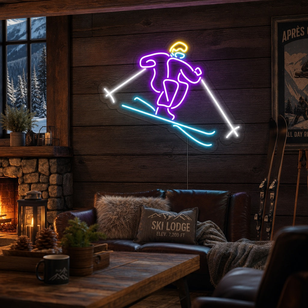 Insegna neon LED sciatore in movimento colori vivaci