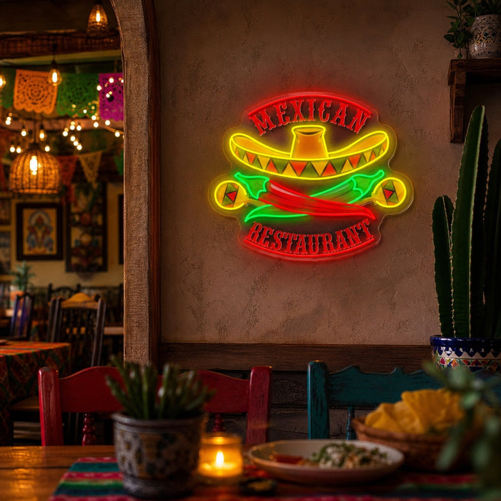 "Ristorante messicano sombrero maracas pepe" Insegna al neon a LED stampata con UV