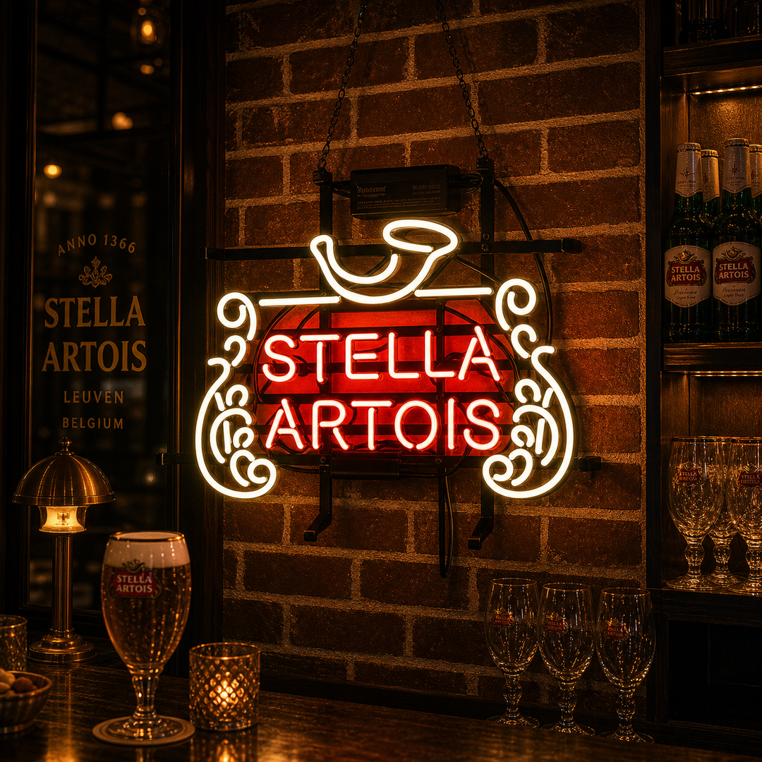 "New Stella Artois Belgian Lager" Insegna al neon