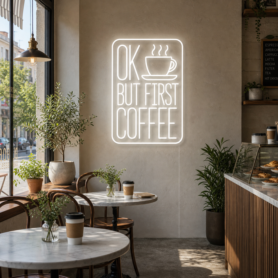 "Ok But First Coffee" Insegna al neon