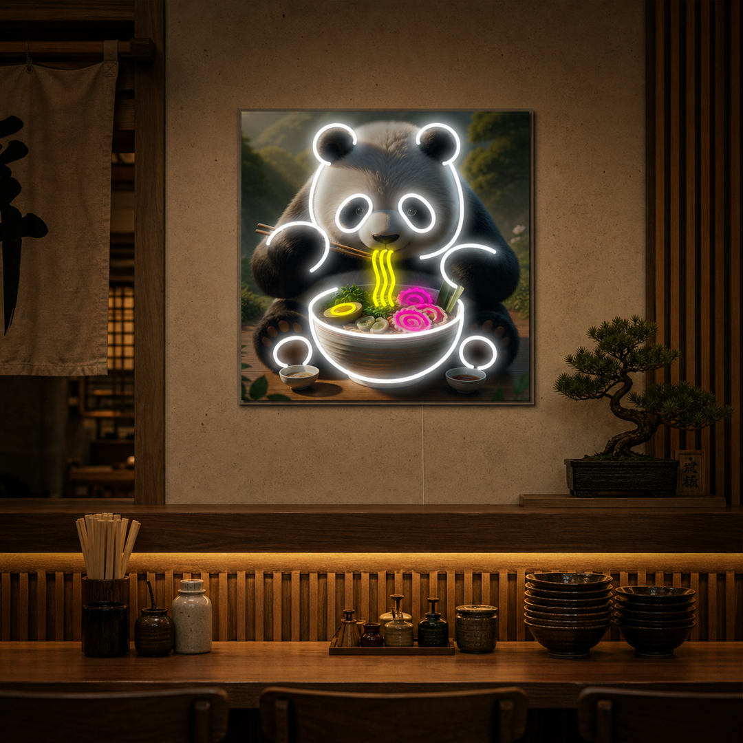 Panda e Ramen Insegna al neon, Decorazione ristorante giapponese