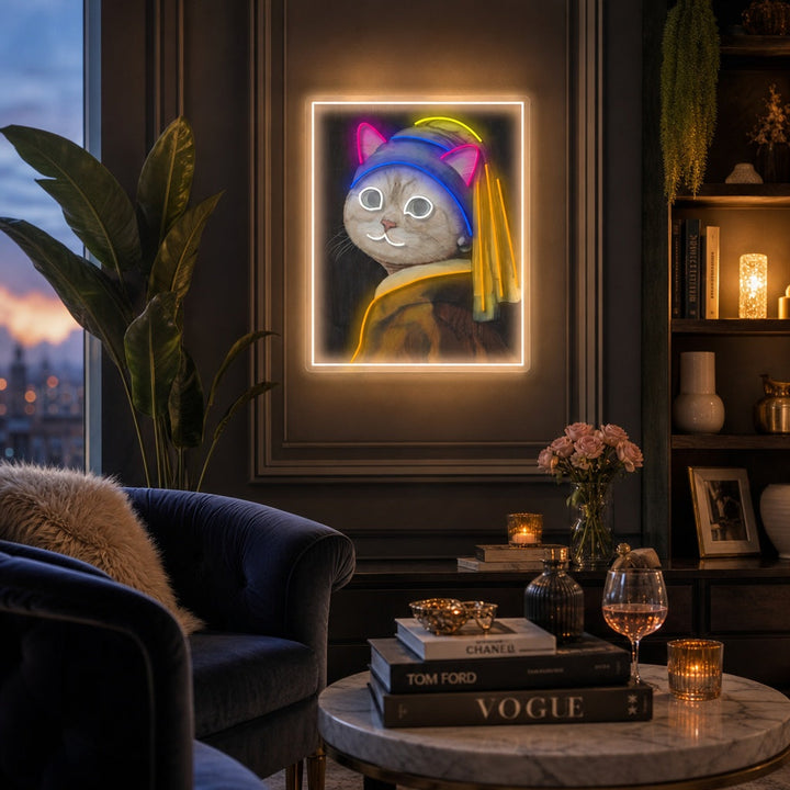 "Pearl Earring Cat Lady" Insegna al neon a LED stampata con UV