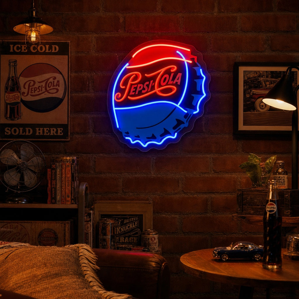 "PEP Cola Bottle Caps" Insegna al neon a LED stampata con UV