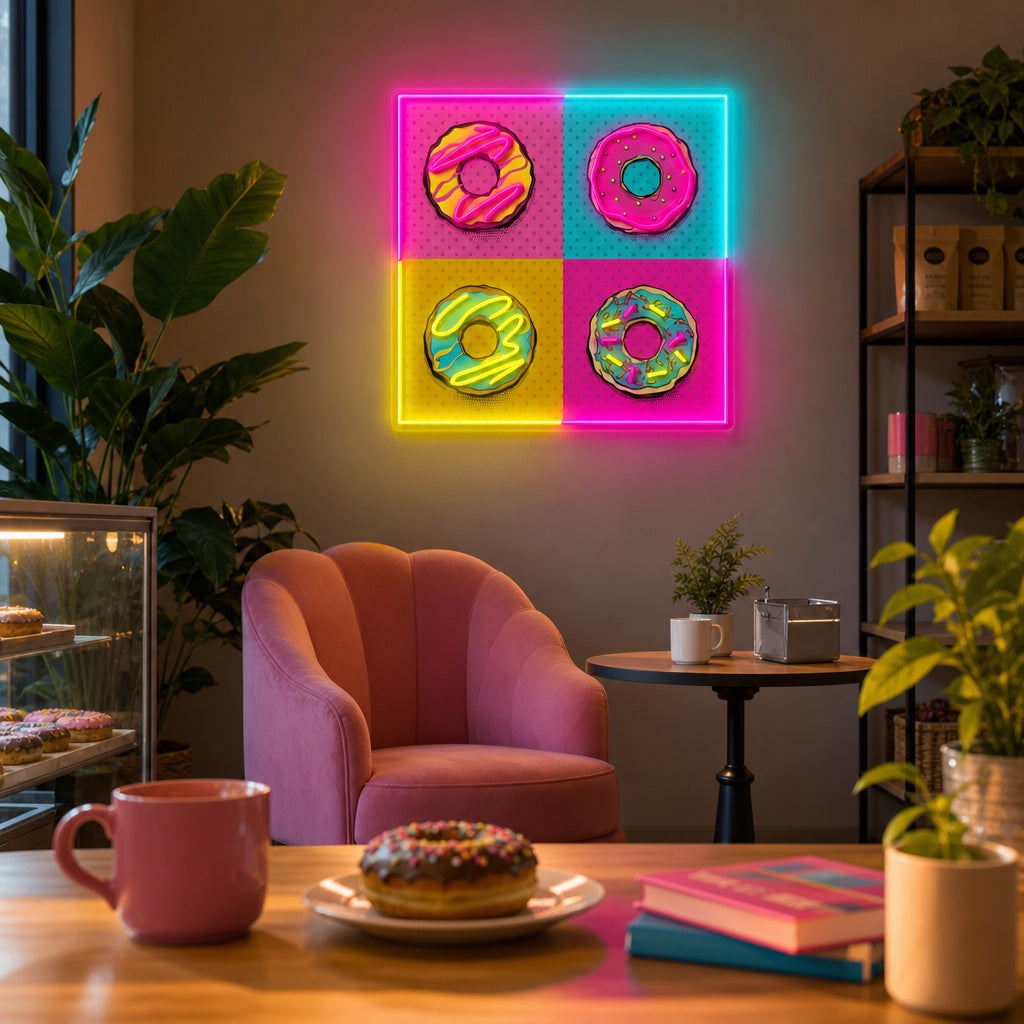 "Pop art di ciambelle blu rosa" Insegna al neon a LED stampata con UV
