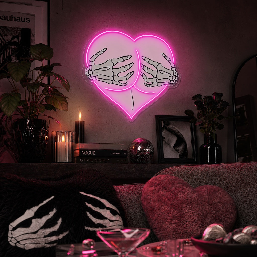 "Pink Heart Butt Cuggino Hug Skeleton Hands" Insegna al neon a LED stampata con UV