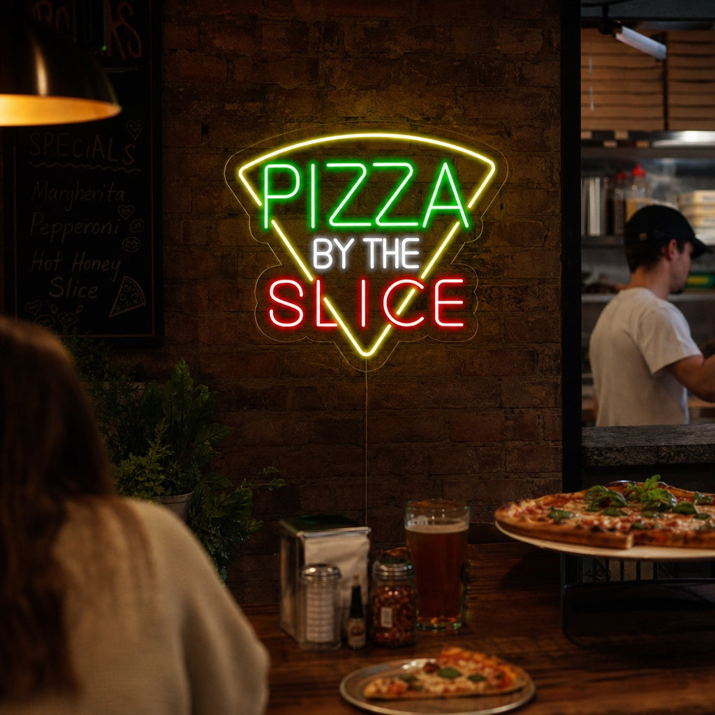 Insegna al neon LED multicolore con la scritta “Pizza By The Slice”.