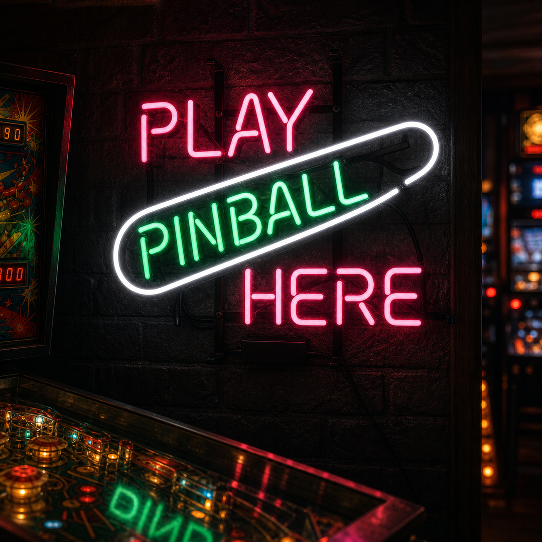 "Play Pinball Here, Sala Giochi" Insegna al neon