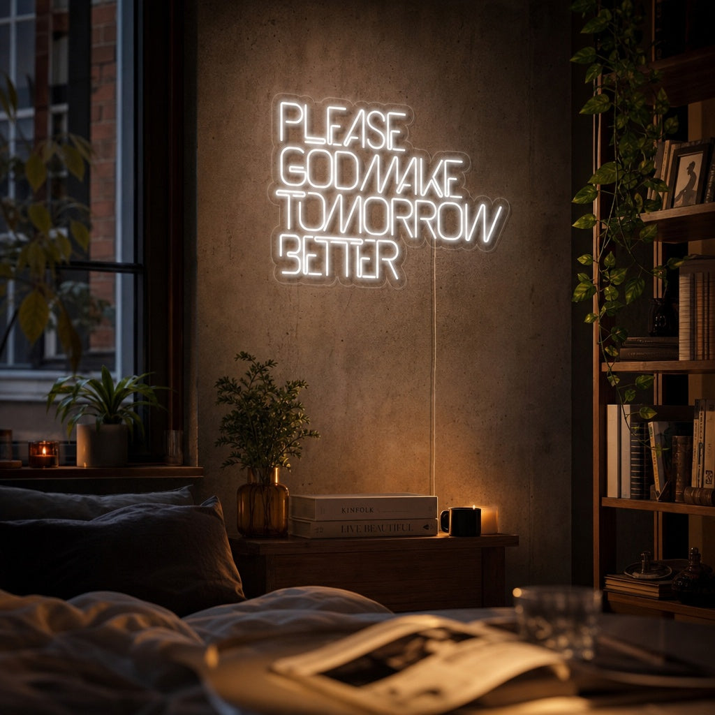 "Please God Make Tomorrow Better" Insegna al neon