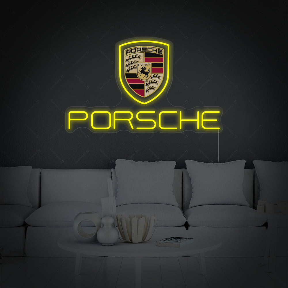 Insegna al neon LED con stemma Porsche e scritta Porsche