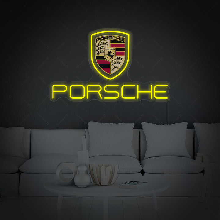 Insegna al neon LED con stemma Porsche e scritta Porsche