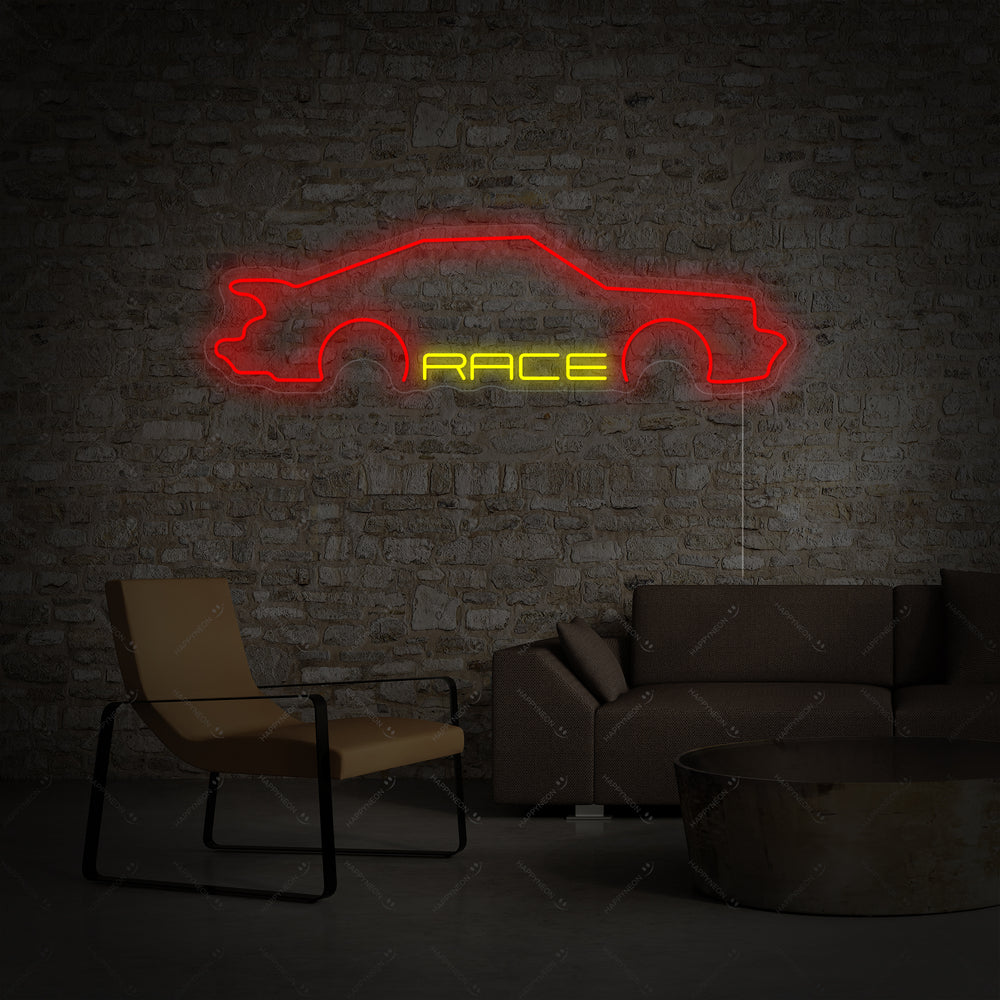Insegna al neon LED silhouette auto sportiva con scritta RACE