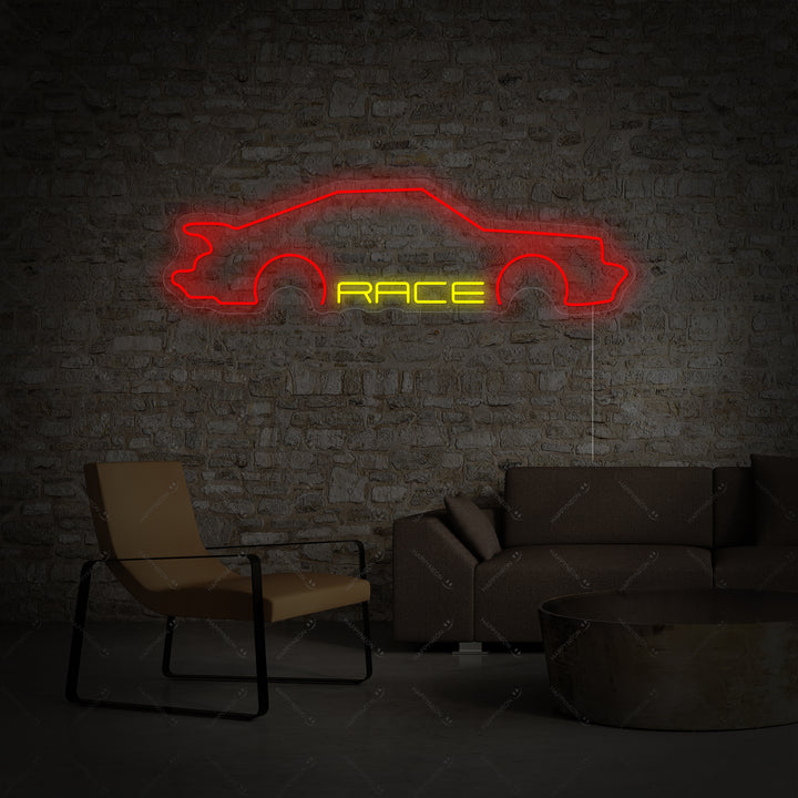 Insegna al neon LED silhouette auto sportiva con scritta RACE