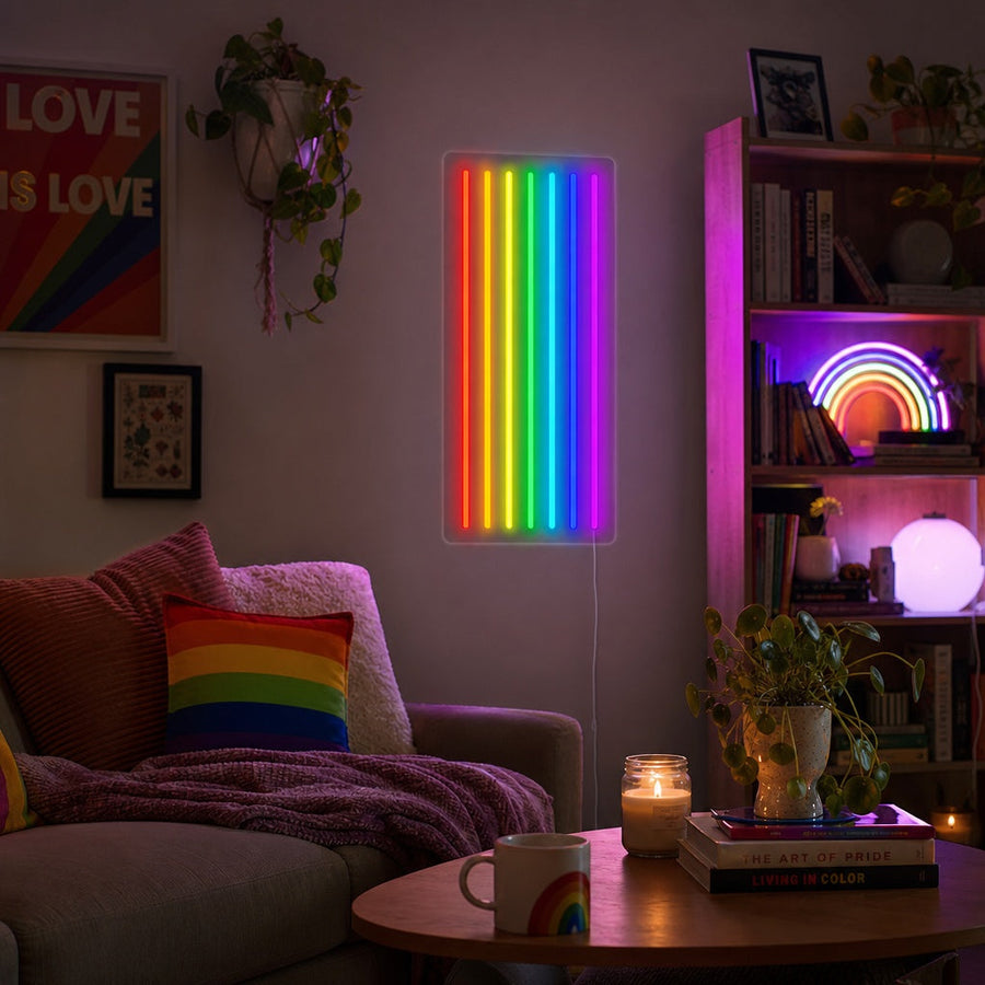 Insegna neon LED con barre verticali colorate arcobaleno