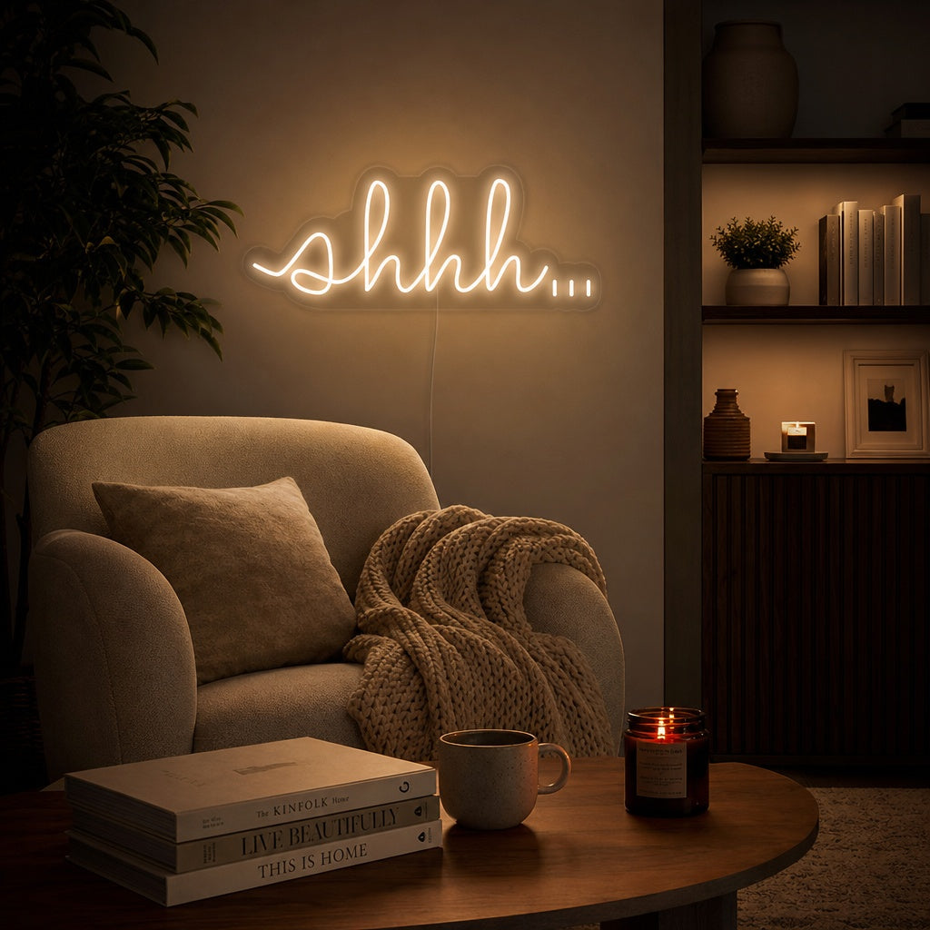 "Shhh Shut Up Be Quiet" Insegna al neon
