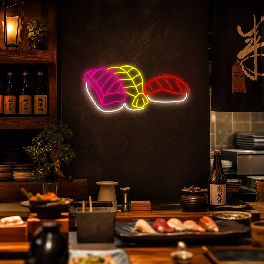Sushi di gamberi e salmone Insegna al neon, Decorazione ristorante giapponese