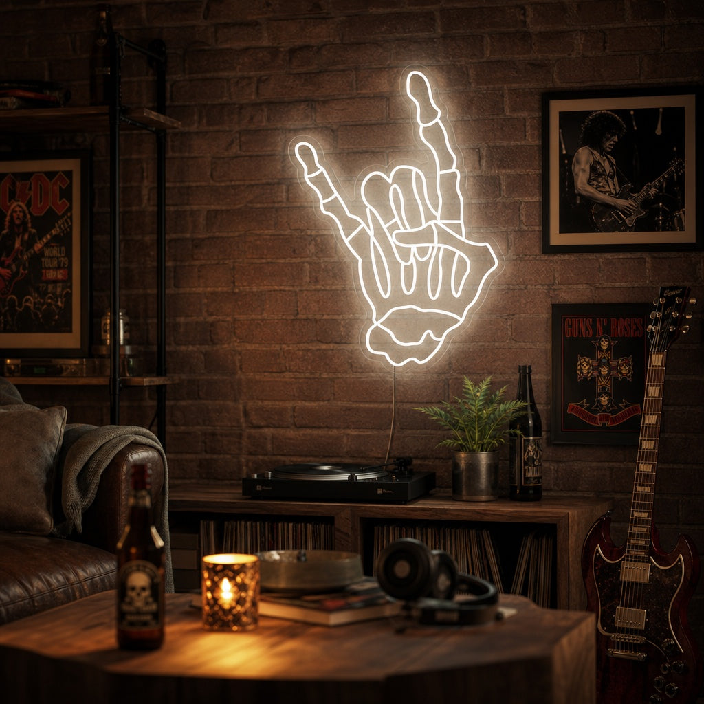 "Mano Scheletro Che Fa Il Gesto Del Rock And Roll" Insegna al neon