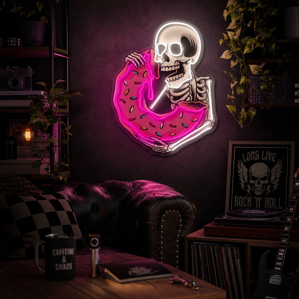 "Skull che mangia delizioso ciambella" Insegna al neon a LED stampata con UV