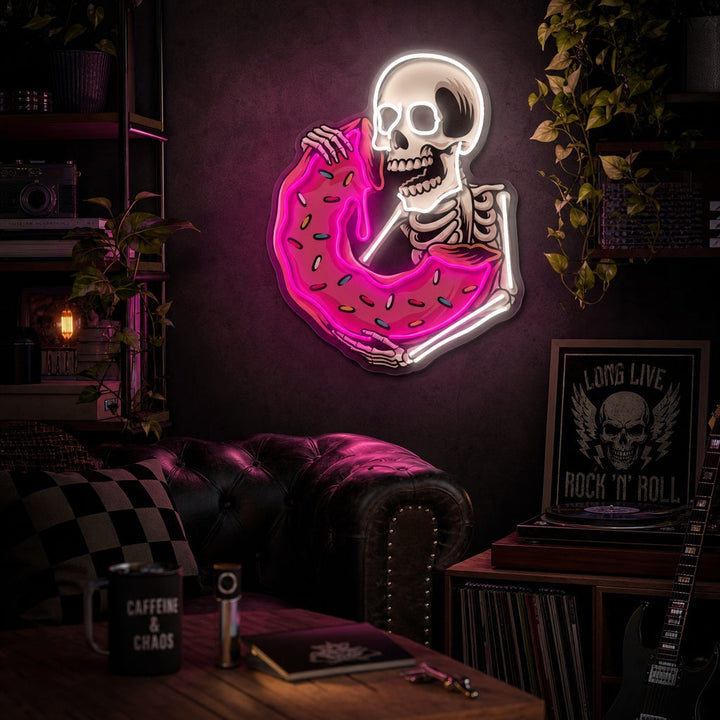 "Skull che mangia delizioso ciambella" Insegna al neon a LED stampata con UV