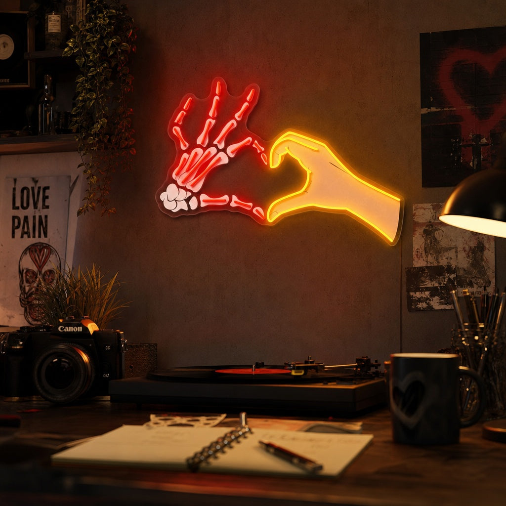 "Skull Hand Love Pose" Insegna al neon a LED stampata con UV