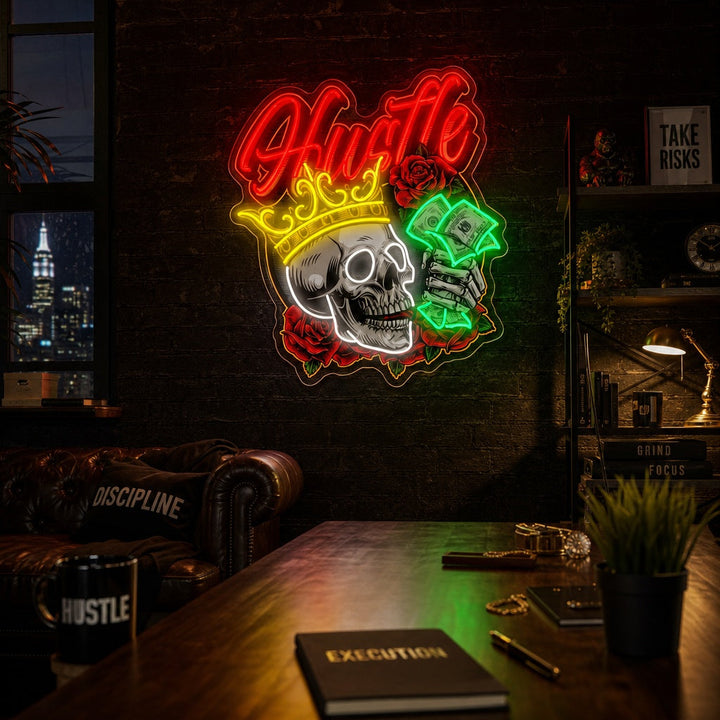 "Skull in Crown Roses Skeleton Hand Holding Dollar Banknotes" Insegna al neon a LED stampata con UV