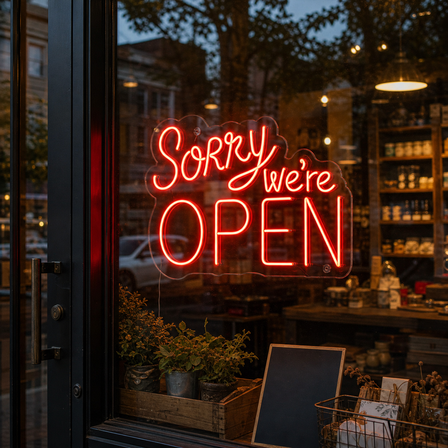 Insegna neon LED rossa “Sorry We’re Open”