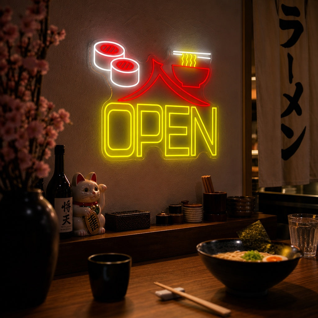 Sushi Ramen Open Insegna al neon, Decorazione ristorante giapponese