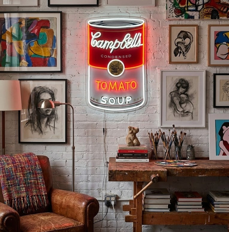 Pop art segno di neon zuppa di pomodoro visualizzato in uno studio artista