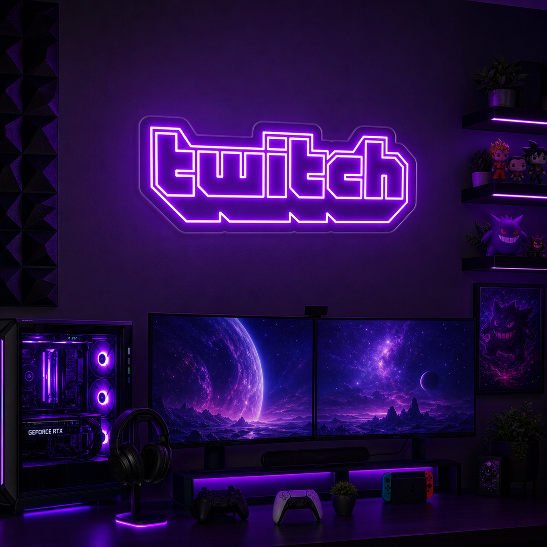 Insegna neon LED viola con logo Twitch sopra una postazione streaming