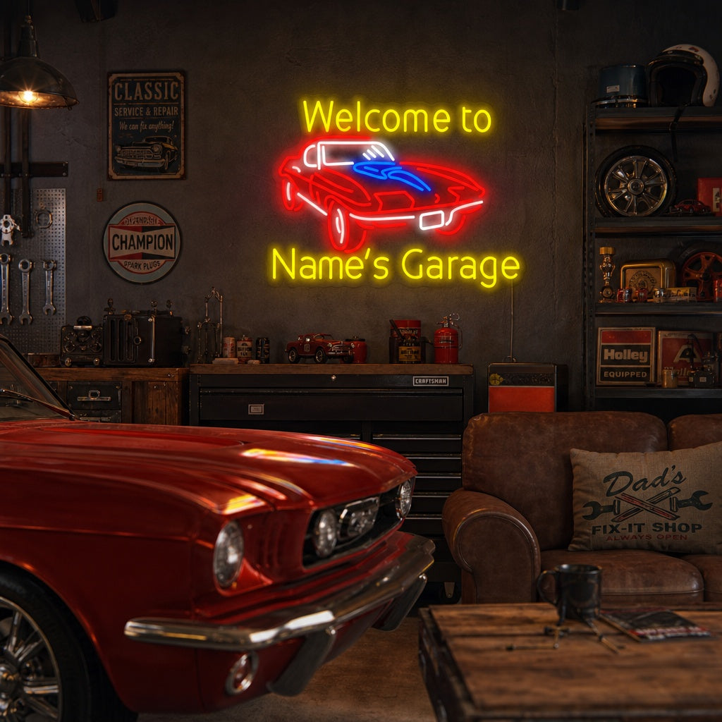 "Welcome to Genes Garage" Insegna al neon