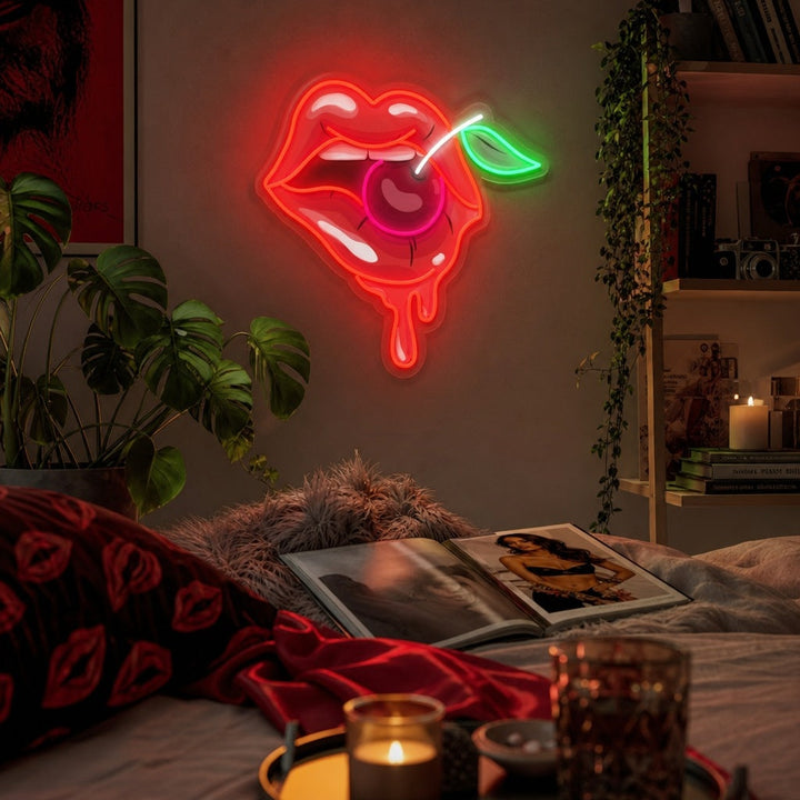 "Labbra da donna con una ciliegia" Insegna al neon a LED stampata con UV