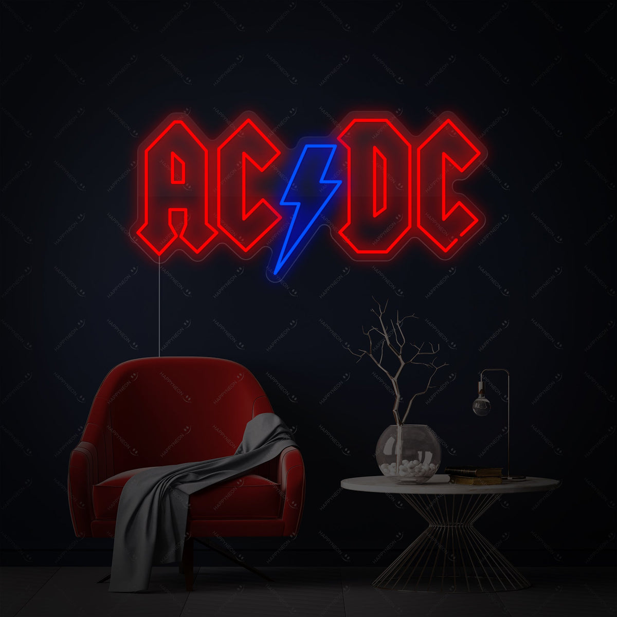 Insegna neon LED del logo AC/DC rosso con fulmine blu
