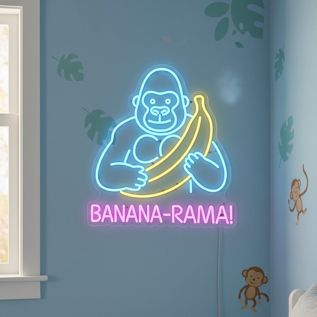 Neon sign of a gorilla holding a banana with “BANANA-RAMA!” text in pink, playful design for kids rooms.