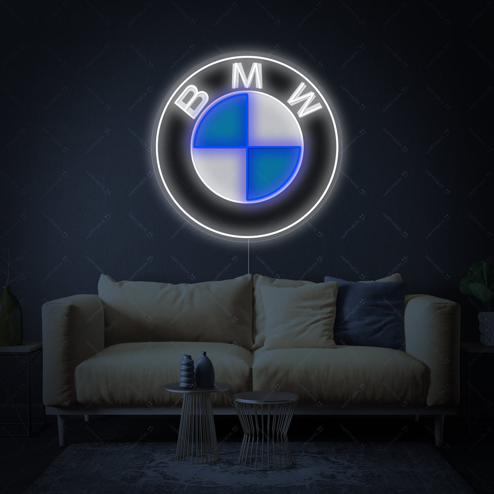 Logo BMW bianco e blu in insegna neon LED