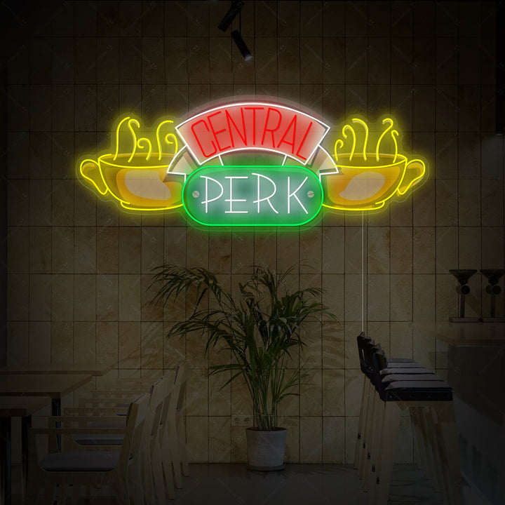 Insegna neon LED Central Perk con tazze gialle e scritte colorate