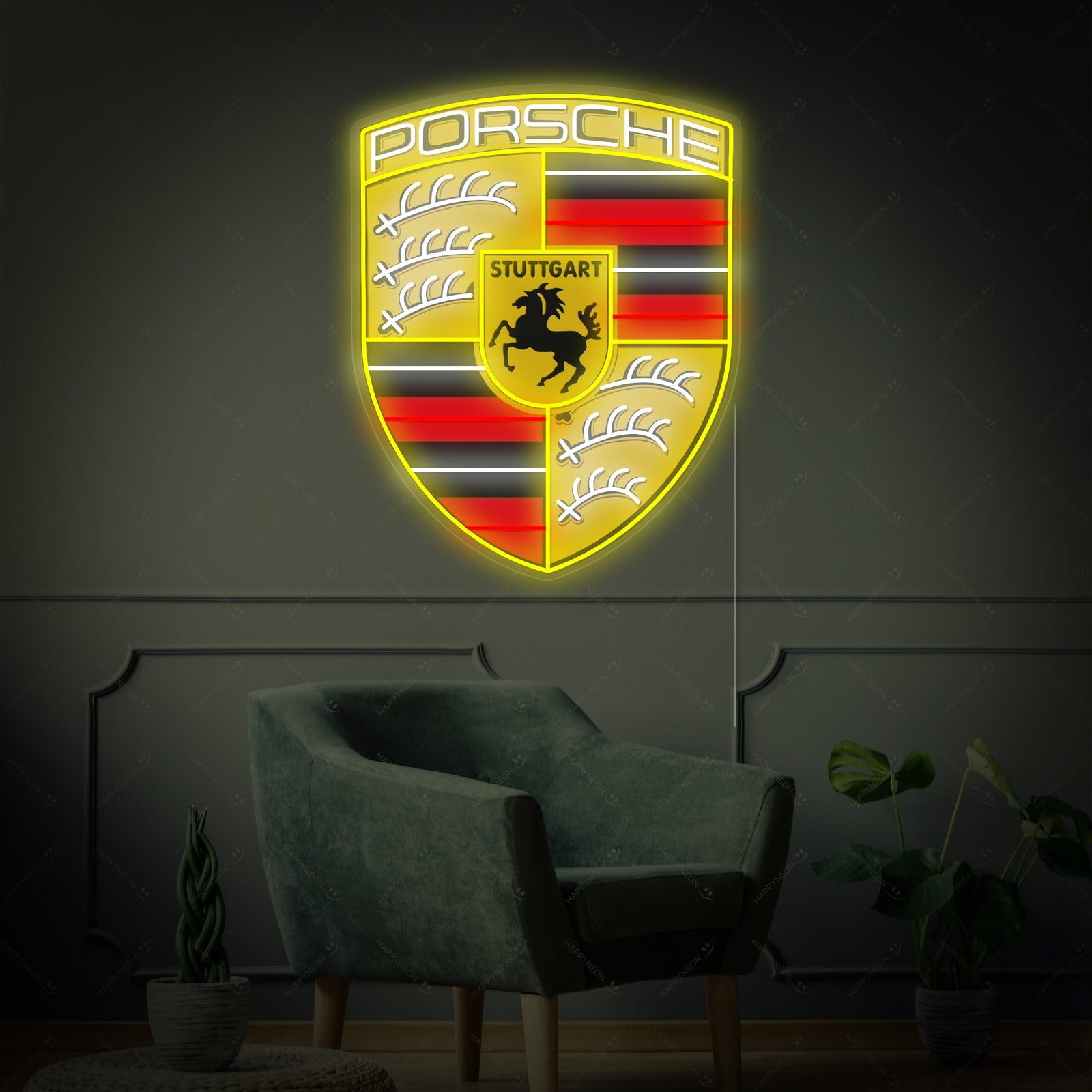 Stemma Porsche giallo e rosso in insegna neon LED
