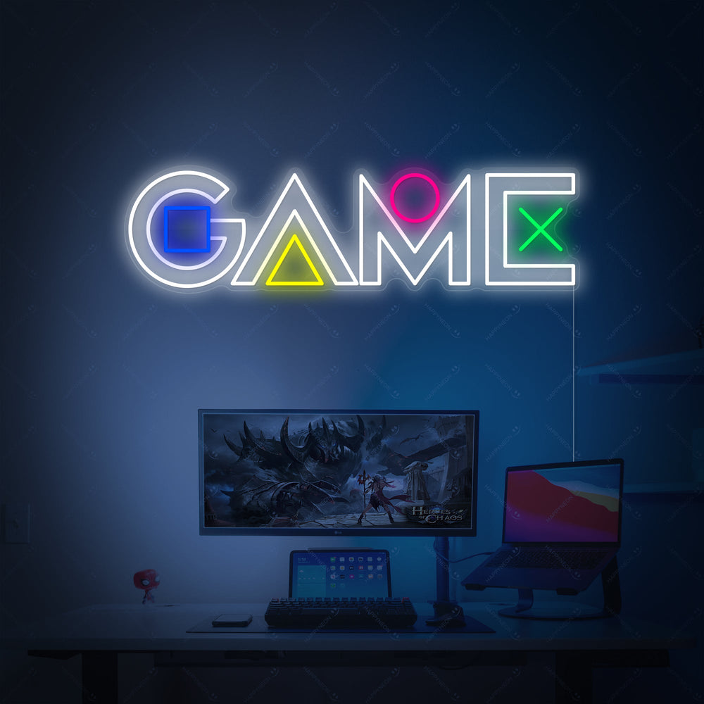 Scritta neon LED “GAME” con icone videogiochi