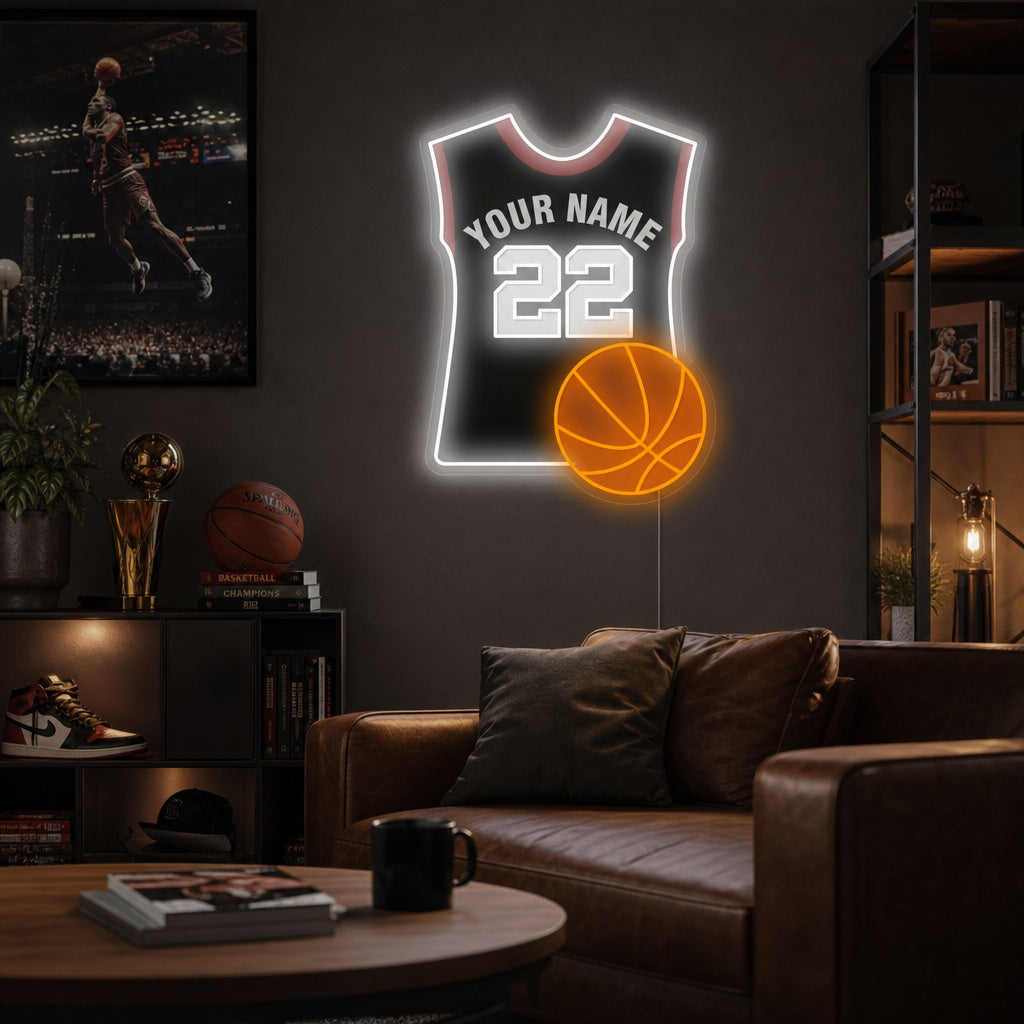 "Pallacanestro e maglia personalizzate" Insegna al neon