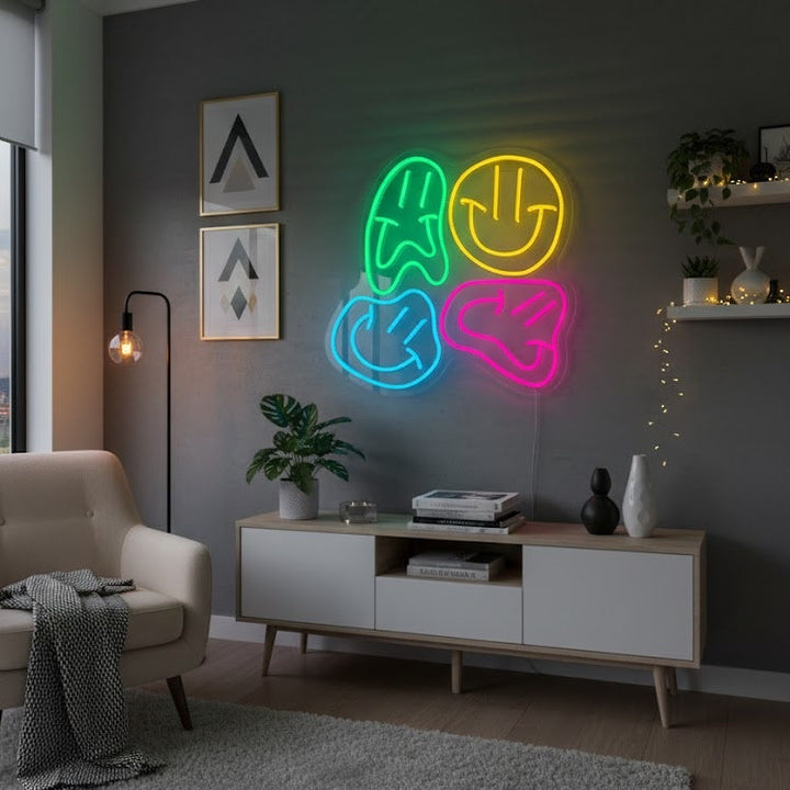 "Facce di sorriso distorte" Insegna al neon