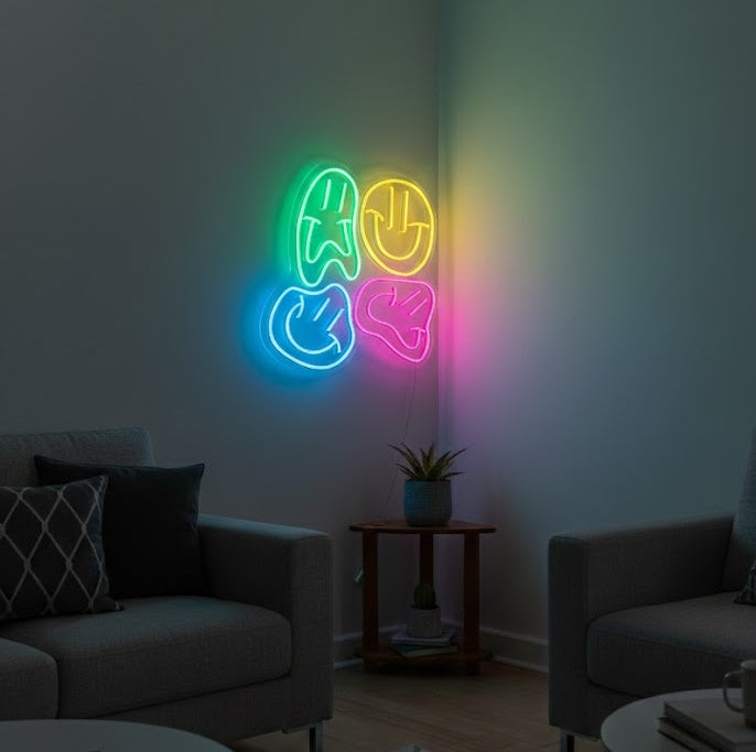 "Facce di sorriso distorte" Insegna al neon