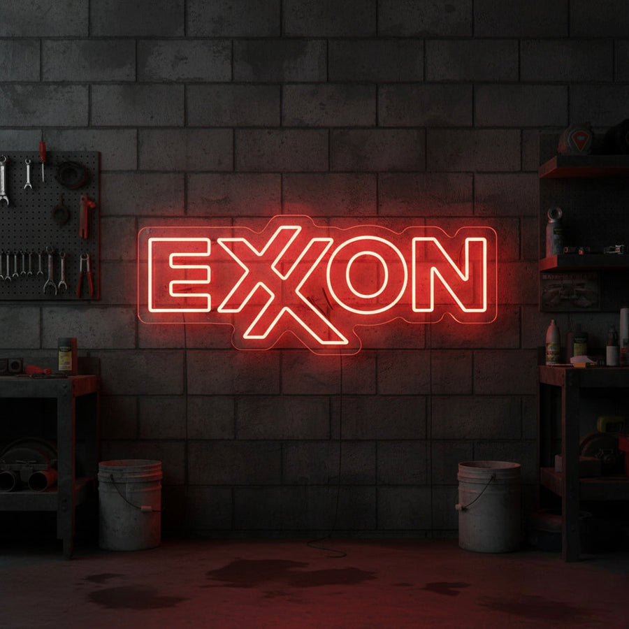 Red Exxon wordmark neon sign, perfect for industrial-style garages or auto workshops.