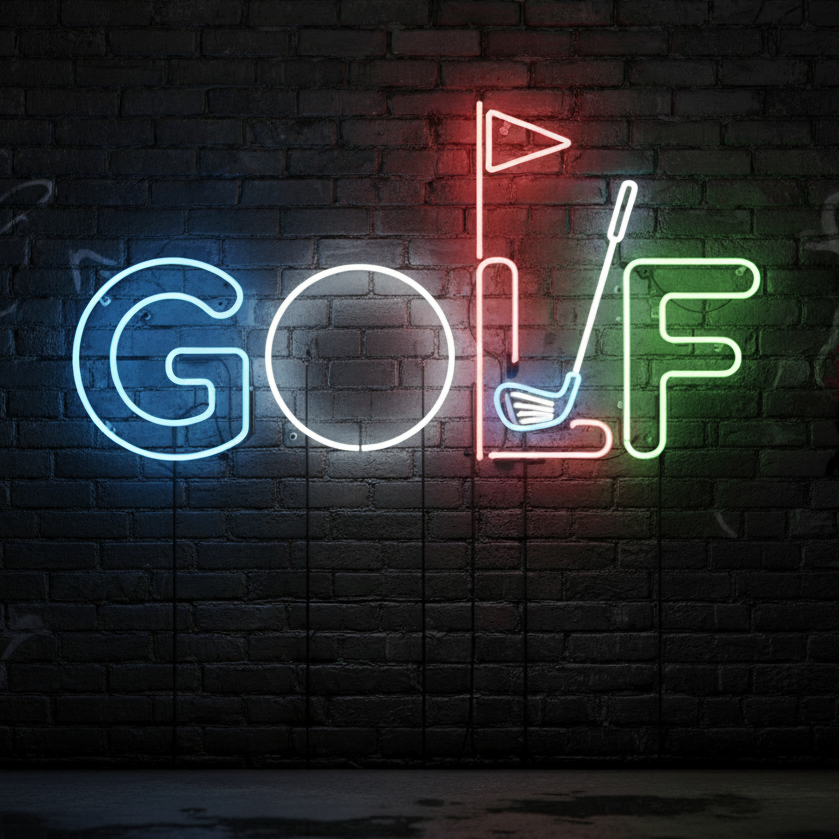 Multicolor neon sign spelling “GOLF” with club and flag design, perfect for golfers and sports lovers.